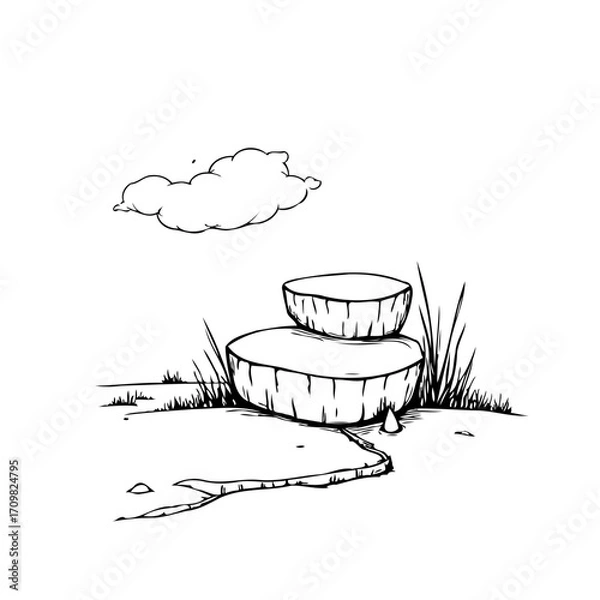 Fototapeta Whimsical sketch displaying a minimalist landscape with two stacked platforms and serene cloud