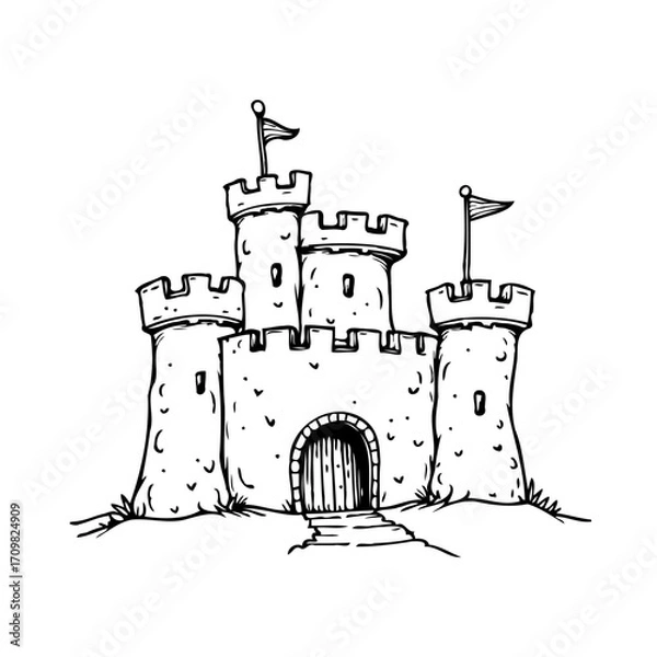 Fototapeta Whimsical sketch showcasing fantasy stronghold with turrets and flying banners against a clear