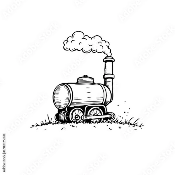 Fototapeta Whimsical steam train illustration billowing smoke across a field displaying inventive line art