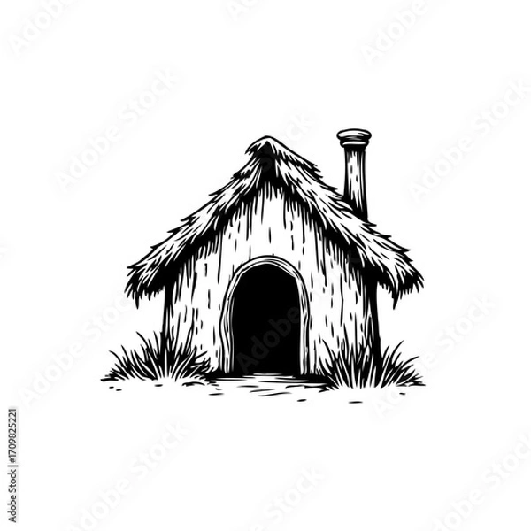 Fototapeta Whimsical thatched cottage illustration evoking folklore simplicity and charm with quaint rural