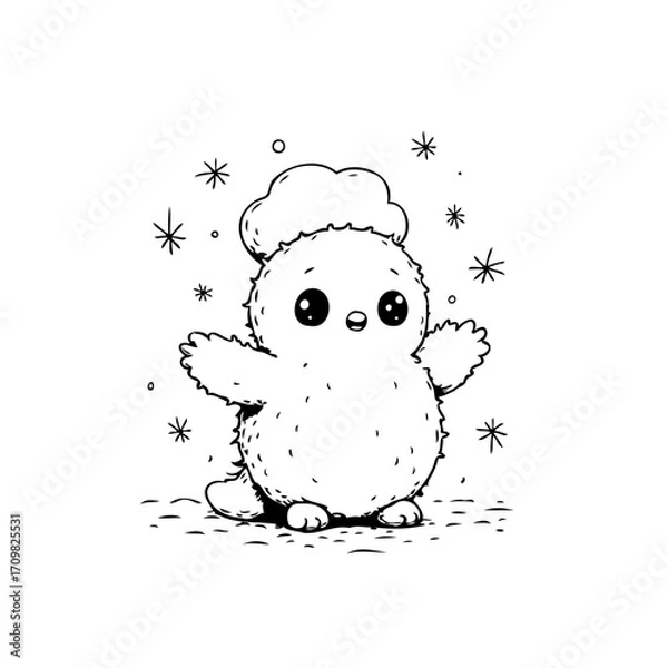 Fototapeta Whimsical winter character illustration delightful fuzzy creature snowfall cute design charming