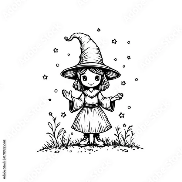 Fototapeta Whimsical witch illustration with star details showing mystical enchantress casting spell in