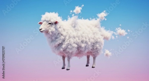 Fototapeta Zachte wollig schaap verdwijnt langzaam roze blauwe achtergrond. AI Generated