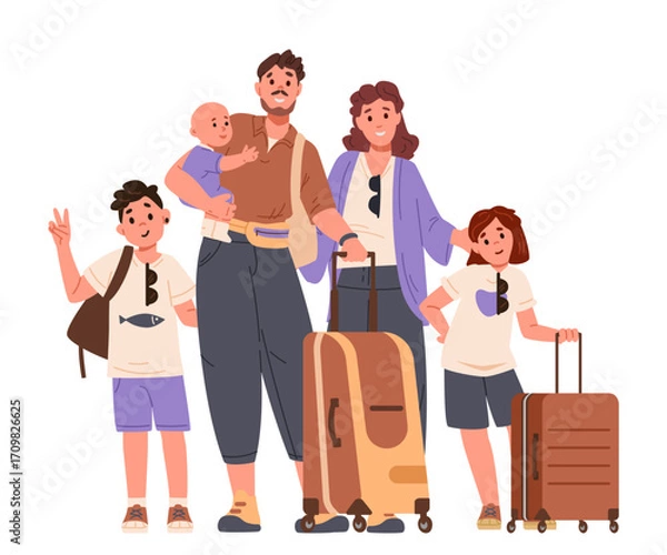 Fototapeta Happy family with three kids standing with suitcases going on vacation flat vector illustration isolated on white.