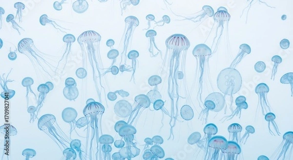 Fototapeta Zachte blauwe kwallen zweven sierlijk in helder licht. AI Generated