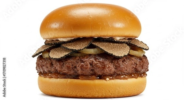 Fototapeta Smakelijke hamburger met truffels heerlijk gebakken lichtbruin broodje. AI Generated