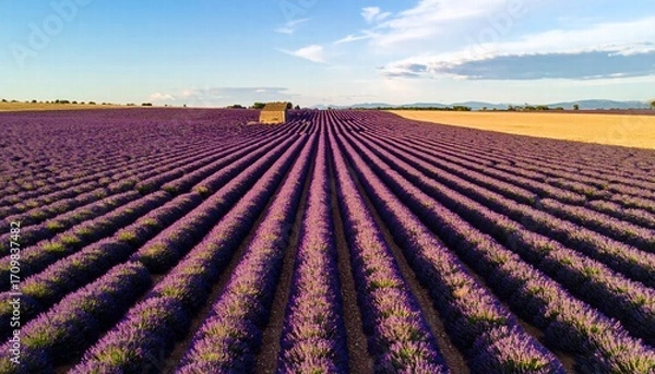 Fototapeta Aerial view of a lavender field in full bloom under a clear blue sky.