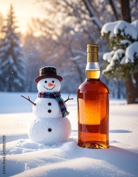 Fototapeta Snowman and bottle in winter scene