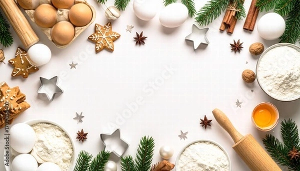 Fototapeta Flat-lay of baking ingredients- flour, eggs, rolling pin, and cookie cutters.