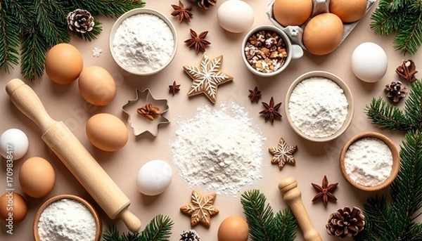 Fototapeta Flat-lay of baking ingredients- flour, eggs, rolling pin, and cookie cutters.