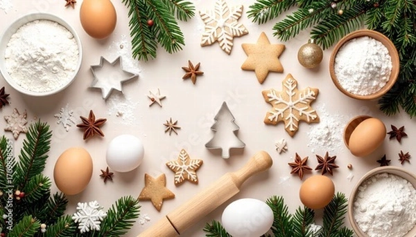 Fototapeta Flat-lay of baking ingredients- flour, eggs, rolling pin, and cookie cutters.