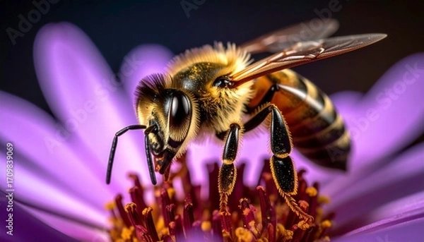 Fototapeta Macro shot of a honeybee pollinating a vibrant purple flower