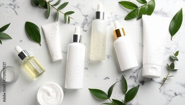 Fototapeta Minimalist flat-lay of skincare products on a marble surface.