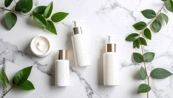 Fototapeta Minimalist flat-lay of skincare products on a marble surface.