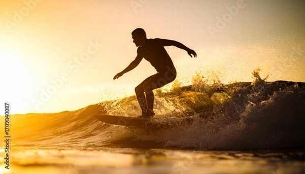 Fototapeta Silhouette of a surfer riding a wave at golden hour