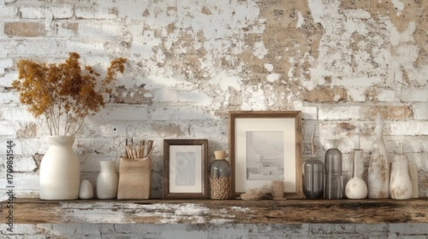 Obraz Rustic display shelf with dried flowers and framed photos