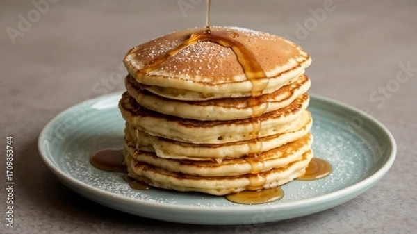 Obraz Golden Pancake Stack with Syrup and Powdered Sugar