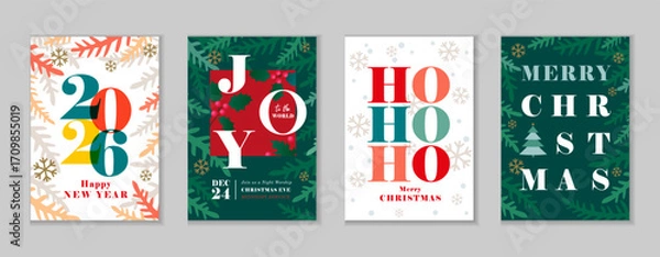 Fototapeta Happy New Year 2026 and Merry Christmas, Joy to the world - beautiful greeting cards. Happy New Year 2026 creative design for greeting poster or cover. Vector illustration