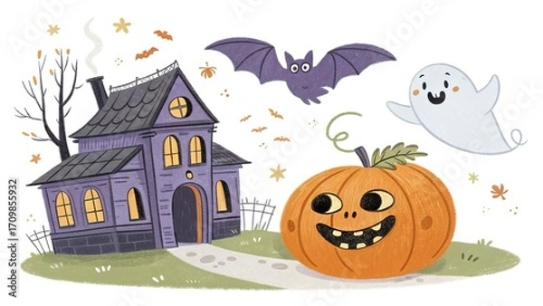 Fototapeta Cartoon Halloween scene with pumpkin, ghost, bat, and haunted house in playful spooky style, isolated on white background.
