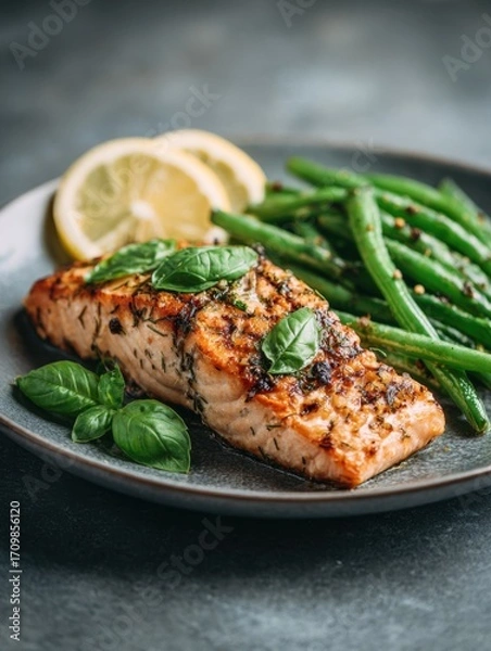 Fototapeta Delicious grilled salmon fillet garnished with fresh basil, accompanied by bright green beans and lemon slices on a dark plate, creating a colorful and healthy meal