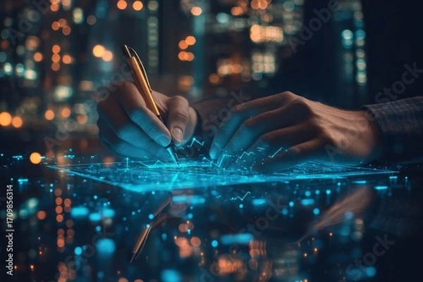 Fototapeta Businessman using electronic pen to sign digital contract document on touchscreen device representing secure electronic signature and modern paperwork approval process