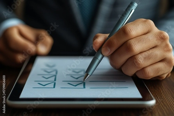 Fototapeta Close-up of businessmans hand ticking checklist item with digital pen on tablet illustrating task completion iso compliance and quality assurance