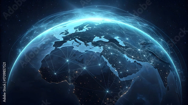 Fototapeta Digital data flows around a blue globe, illustrating the interconnected global network of information and communication technology