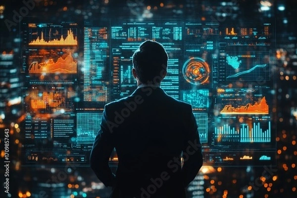Fototapeta Corporate executive analyzing business growth charts on digital dashboard with kpi metrics showcasing performance tracking and strategic planning