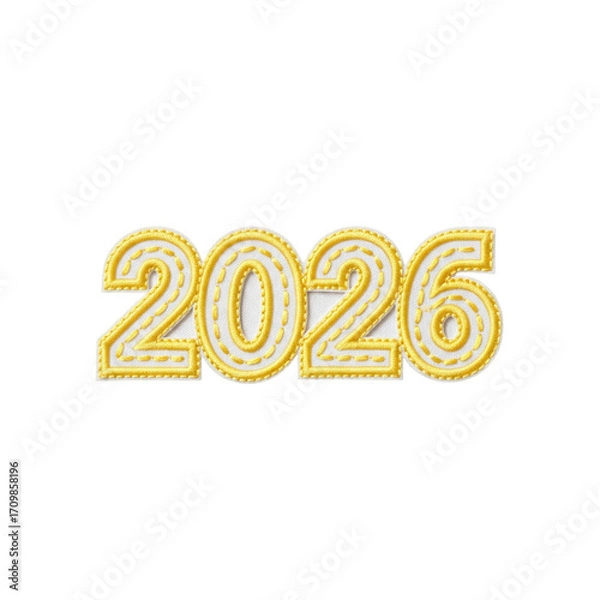 Fototapeta Stylized golden embroidered text 2026 for new year celebrations, future planning, or annual events. Features a decorative, stitched look.