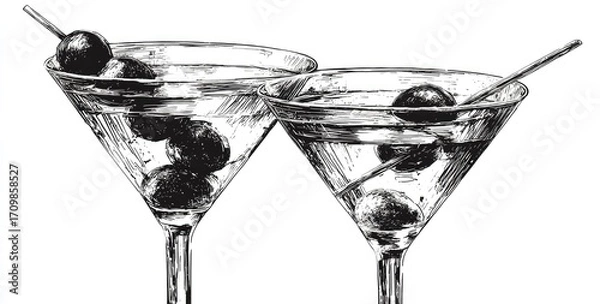 Obraz Two martini glasses, hand-drawn style, filled with liquid, garnished with olives