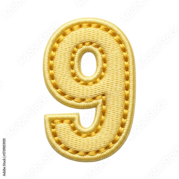 Fototapeta A bright golden yellow embroidered patch in the shape of the number nine, featuring detailed stitching. Perfect for crafts, apparel, or educational designs.