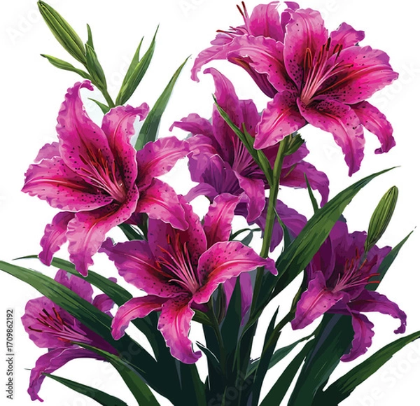 Fototapeta Vibrant magenta double daylilies in bloom against a soft gradient background
