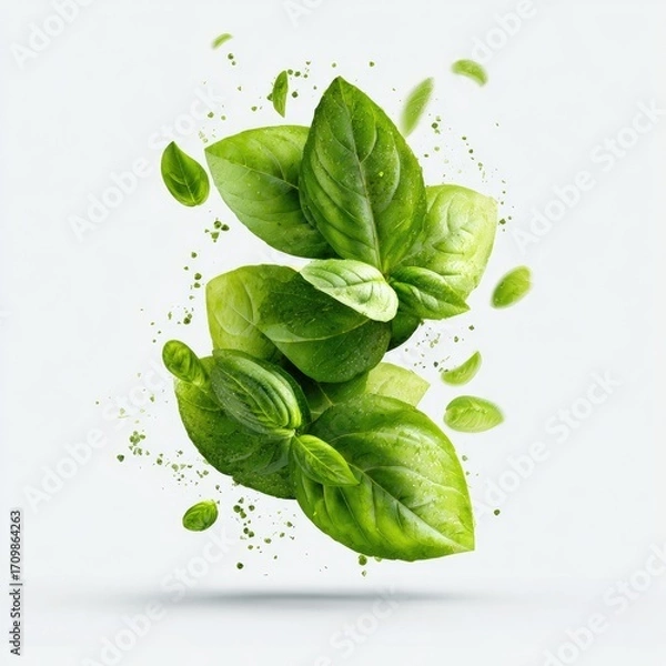 Obraz Fresh basil leaves in motion, vibrant green, scattered