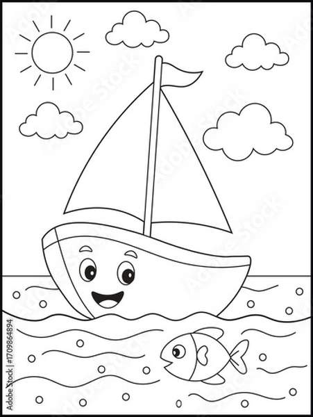 Fototapeta Boat coloring page for kids featuring a smiling cartoon sailboat on the water with a fish, waves, sun, and clouds.