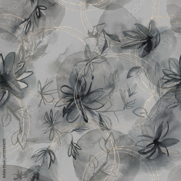 Fototapeta Abstract nordic print with flowers, geometric shapes and golden elements on grey background. Watercolor seamless pattern. Hand drawn marble illustration. Mixed media art
