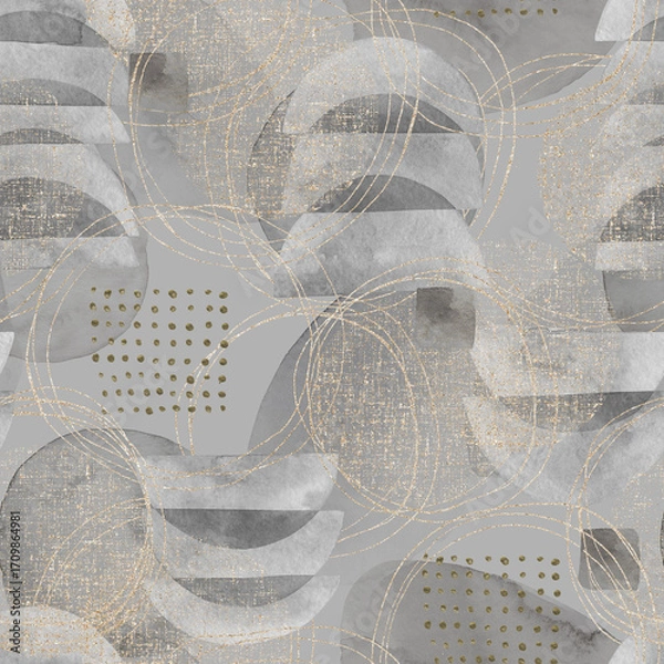 Fototapeta Abstract nordic print with geometric shapes and golden elements on grey background. Watercolor seamless pattern. Hand drawn marble illustration. Mixed media art