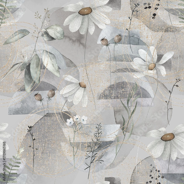 Fototapeta Abstract nordic print with flowers, geometric shapes and golden elements on grey background. Watercolor seamless pattern. Hand drawn marble illustration. Mixed media art