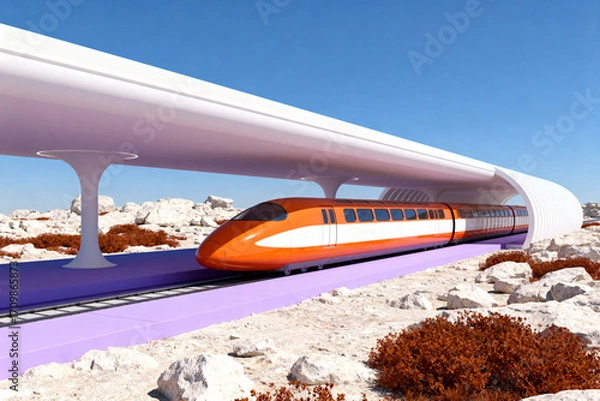 Fototapeta A futuristic orange high-speed train travels through a modern white tube tunnel in a vast, arid desert. The future of transportation concept.