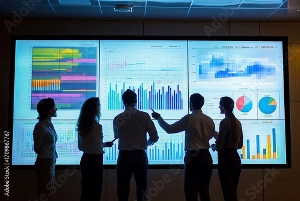 Fototapeta Business team collaborating on touchscreen to review and approve quarterly report with performance charts and financial analytics