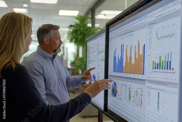 Fototapeta Business team collaborating on touchscreen to review and approve quarterly report with performance charts and financial analytics