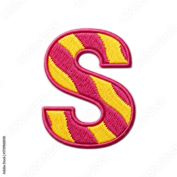 Fototapeta A vibrant, embroidered patch featuring the letter s with a playful pink and yellow striped design. Perfect for clothing, crafts, or decorative projects.