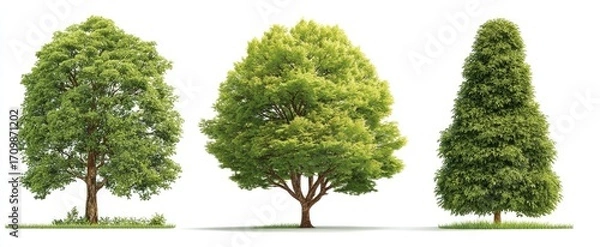 Fototapeta Three vibrant green trees against a white background.  Full, lush foliage displays healthy growth.  Different shapes and sizes highlight variety.  