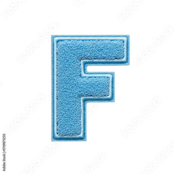 Fototapeta A light blue chenille letter f patch with a white embroidered border, perfect for school projects, apparel design, or craft applications.