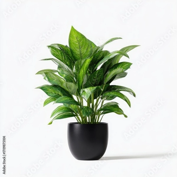 Obraz A vibrant houseplant in a simple black pot,  against a plain white background. Lush green leaves with creamy white variegation radiate outwards from a central point.