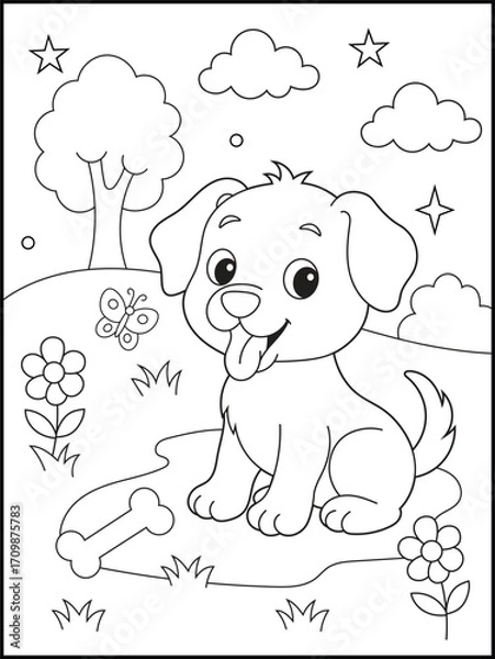 Fototapeta Puppy coloring page featuring a happy little dog sitting outdoors in a garden with flowers, trees, butterflies, clouds, stars, and a bone. cheerful and playful design for kids