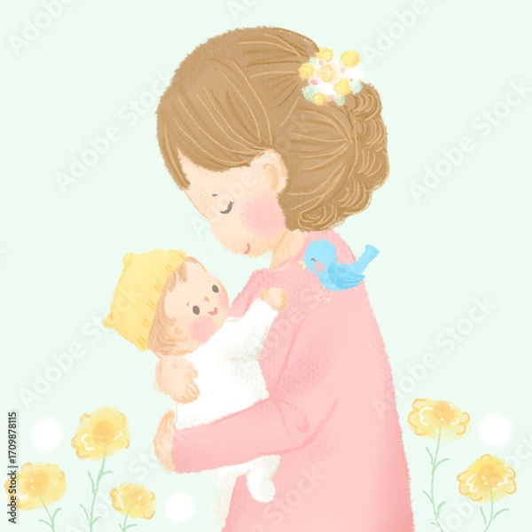 Obraz 赤ちゃんを抱っこする優しい表情のママ_親子 嬉しそうな赤ちゃん