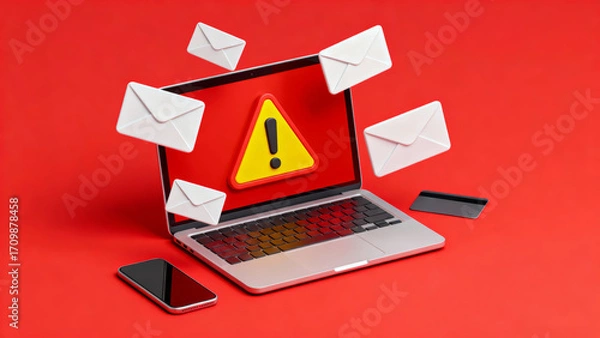 Fototapeta Financial email protection warning on laptop with envelopes and phone on red background