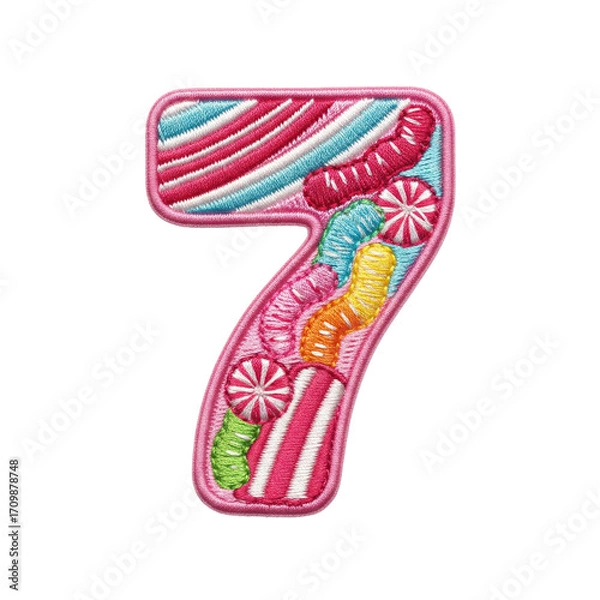 Fototapeta Vibrant embroidered patch shaped like the number seven, filled with colorful candy patterns. Ideal for birthdays, celebrations, or playful designs.