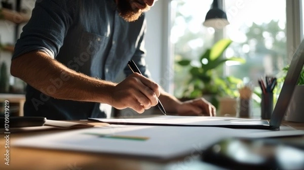 Obraz Creative design process home office artwork creation bright workspace close-up artistic expression