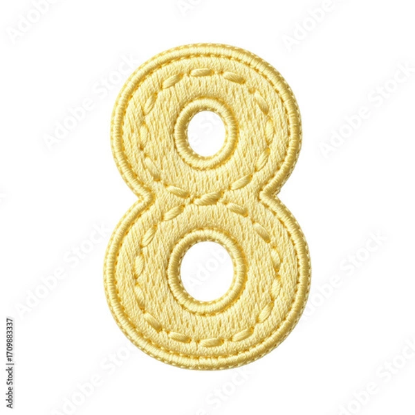 Fototapeta A yellow embroidered textile patch in the shape of the number eight, featuring detailed stitching. Ideal for craft projects, educational materials, or decorative designs.